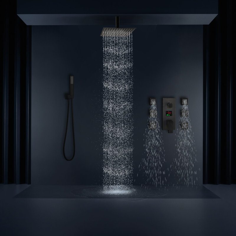 Sani Canada Matte Black 16" X16" Ceiling Mount Rain Head Lcd